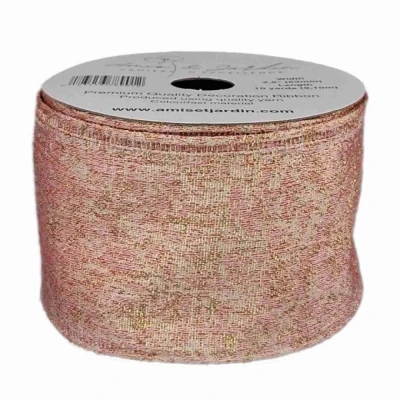 Stuha lněná s drátkem růžová vánoční třpytky 9.1 m