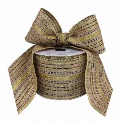 Stuha organzová s drátkem béžová vánoční pruhy 9.1 m