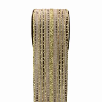 Stuha organzová s drátkem béžová vánoční pruhy 9.1 m