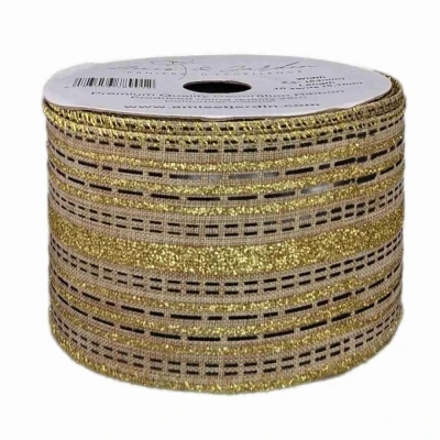 Stuha organzová s drátkem béžová vánoční pruhy 9.1 m