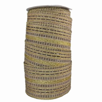 Stuha organzová s drátkem béžová vánoční pruhy 9.1 m