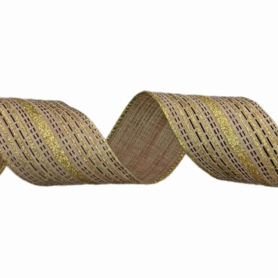 Stuha organzová s drátkem béžová vánoční pruhy 9.1 m