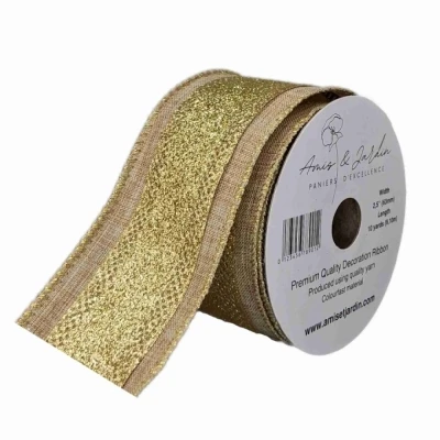 Stuha organzová s drátkem hnědá zlatý pruh 9.1 m