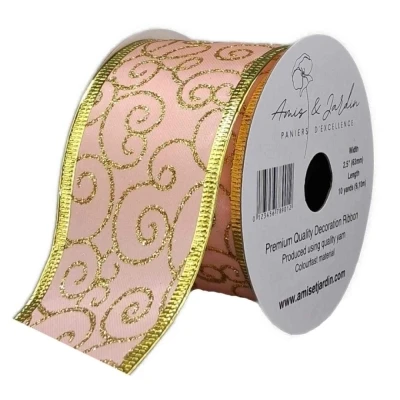 Stuha organzová s drátkem růžová zlaté ornamenty 9.1 m