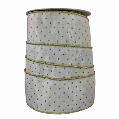 Stuha sametová s drátkem bílá vánoční puntíky 9.1 m
