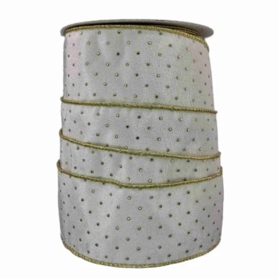 Stuha sametová s drátkem bílá vánoční puntíky 9.1 m