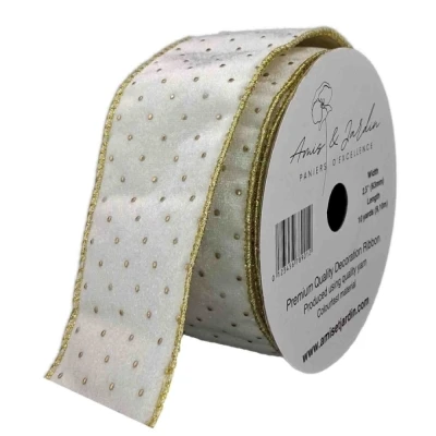 Stuha sametová s drátkem bílá vánoční puntíky 9.1 m