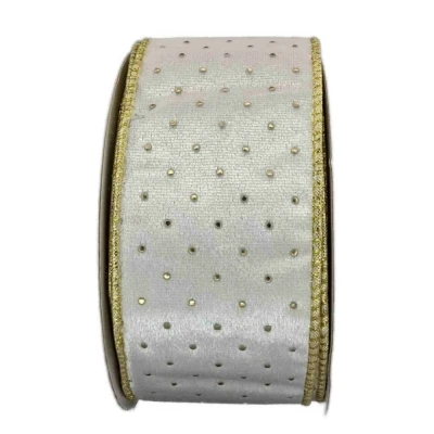 Stuha sametová s drátkem bílá vánoční puntíky 9.1 m