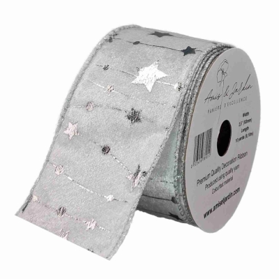 Stuha sametová s drátkem bílá zimní hvězdy 9.1 m