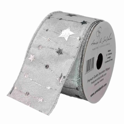 Stuha sametová s drátkem bílá zimní hvězdy 9.1 m