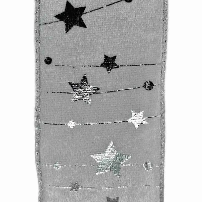 Stuha sametová s drátkem bílá zimní hvězdy 9.1 m