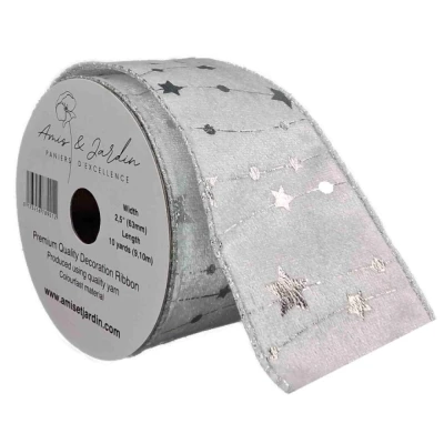 Stuha sametová s drátkem bílá zimní hvězdy 9.1 m