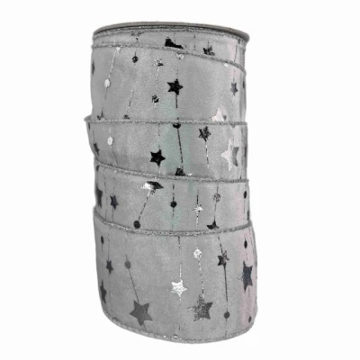 Stuha sametová s drátkem bílá zimní hvězdy 9.1 m