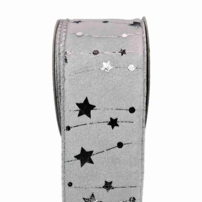 Stuha sametová s drátkem bílá zimní hvězdy 9.1 m