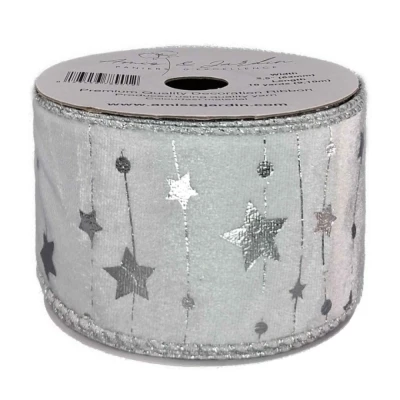 Stuha sametová s drátkem bílá zimní hvězdy 9.1 m
