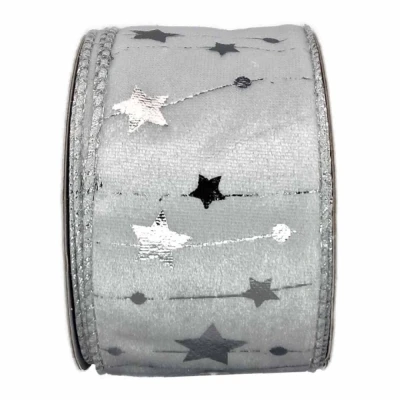 Stuha sametová s drátkem bílá zimní hvězdy 9.1 m