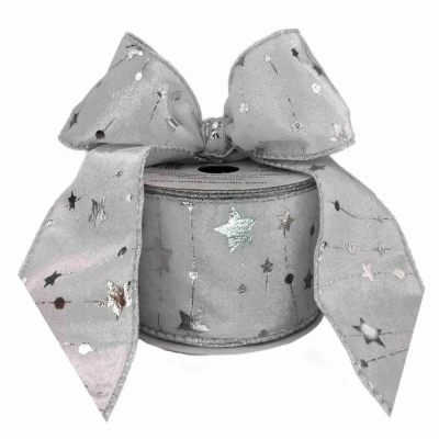 Stuha sametová s drátkem bílá zimní hvězdy 9.1 m