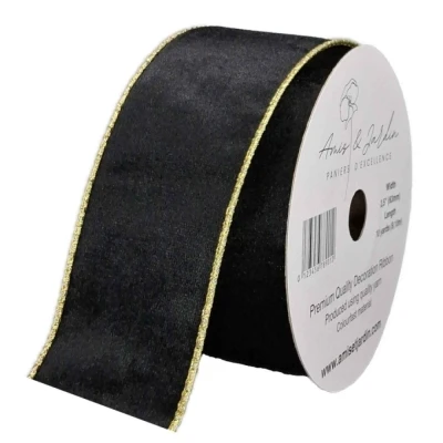 Stuha sametová s drátkem černá zlatý lem 9.1 m