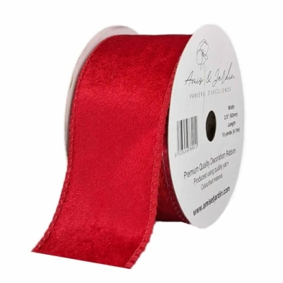 Stuha sametová s drátkem červená vánoční 9.1 m
