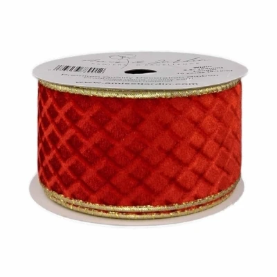 Stuha sametová s drátkem červená vánoční geometrie 9.1 m