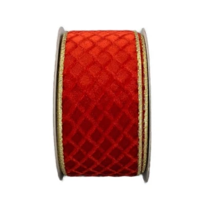 Stuha sametová s drátkem červená vánoční geometrie 9.1 m