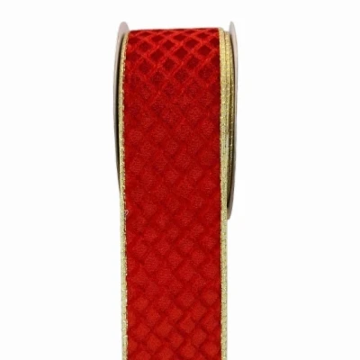 Stuha sametová s drátkem červená vánoční geometrie 9.1 m