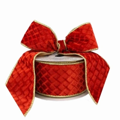 Stuha sametová s drátkem červená vánoční geometrie 9.1 m