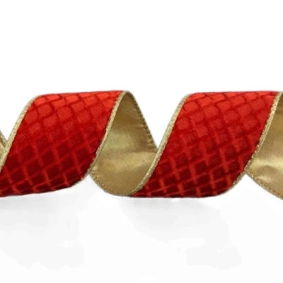 Stuha sametová s drátkem červená vánoční geometrie 9.1 m