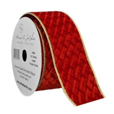 Stuha sametová s drátkem červená vánoční geometrie 9.1 m