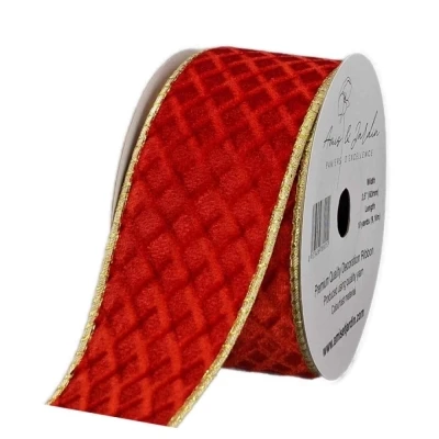 Stuha sametová s drátkem červená vánoční geometrie 9.1 m