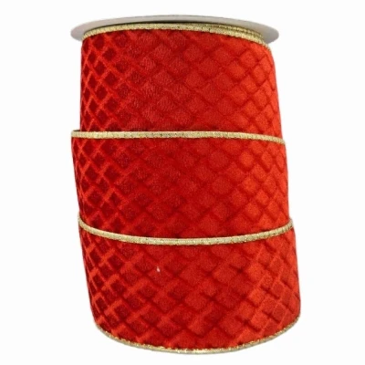 Stuha sametová s drátkem červená vánoční geometrie 9.1 m