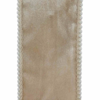 Stuha sametová s drátkem champagne svatební 9.1 m