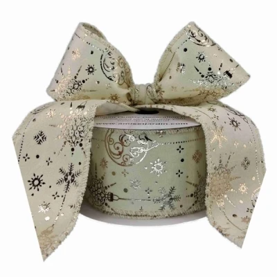 Stuha sametová s drátkem krémová zimní vánoční ozdoby 9.1 m