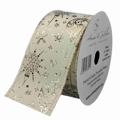 Stuha sametová s drátkem krémová zimní vánoční ozdoby 9.1 m