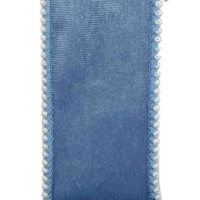 Stuha sametová s drátkem modrá svatební 9.1 m