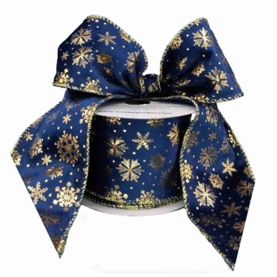 Stuha sametová s drátkem modrá zimní sněhové vločky 9.1 m