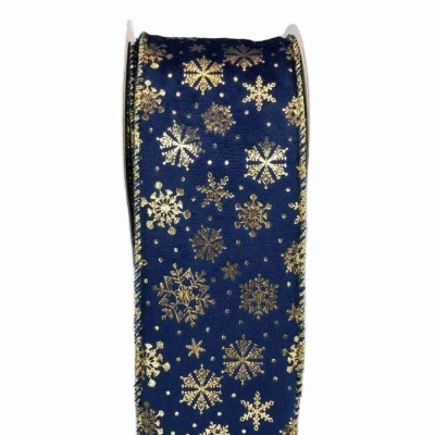 Stuha sametová s drátkem modrá zimní sněhové vločky 9.1 m