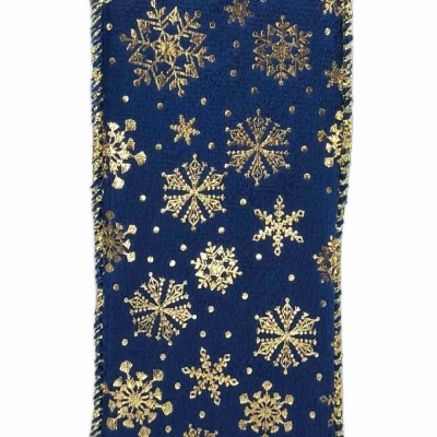 Stuha sametová s drátkem modrá zimní sněhové vločky 9.1 m