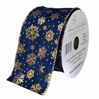 Stuha sametová s drátkem modrá zimní sněhové vločky 9.1 m