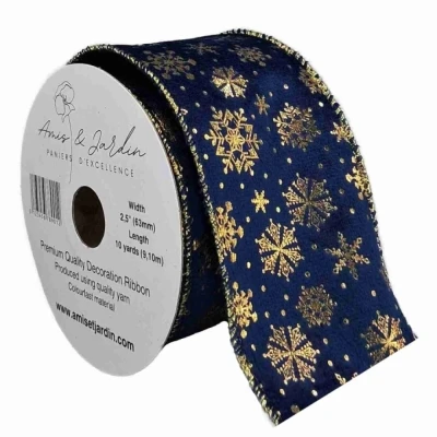 Stuha sametová s drátkem modrá zimní sněhové vločky 9.1 m
