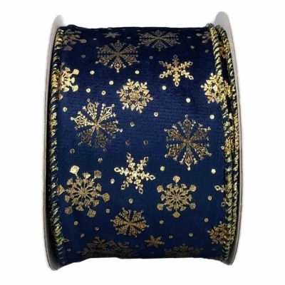 Stuha sametová s drátkem modrá zimní sněhové vločky 9.1 m