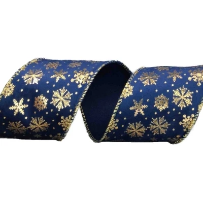 Stuha sametová s drátkem modrá zimní sněhové vločky 9.1 m
