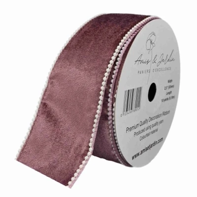 Stuha sametová s drátkem růžová s perličkami 9.1 m