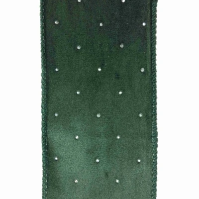 Stuha sametová s drátkem zelená vánoční perličky 9.1 m