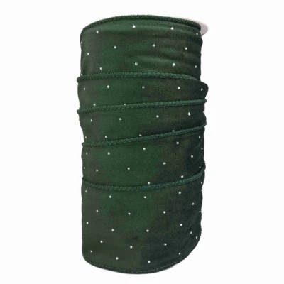 Stuha sametová s drátkem zelená vánoční perličky 9.1 m