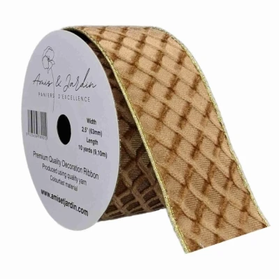 Stuha sametová s drátkem zlatá geometrie 9.1 m