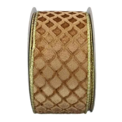 Stuha sametová s drátkem zlatá geometrie 9.1 m