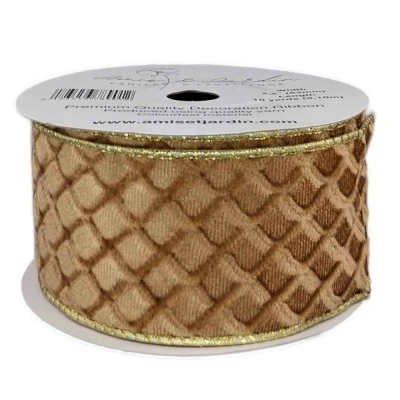Stuha sametová s drátkem zlatá geometrie 9.1 m