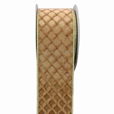 Stuha sametová s drátkem zlatá geometrie 9.1 m