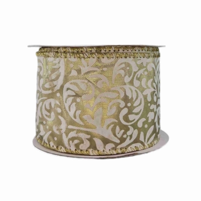 Stuha saténová s drátkem béžová ornamenty 9.1 m